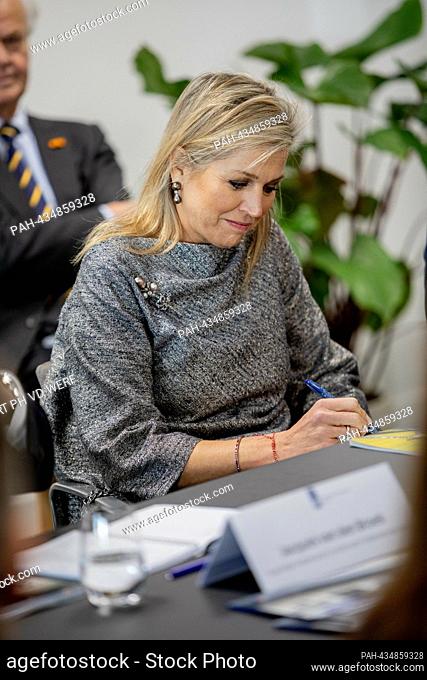 Queen Maxima of The Netherlands at Oomen Opslag & Verhuizers in Katwijk, on November 15, 2023, to attend the presentation of the Annual Report State of SMEs...