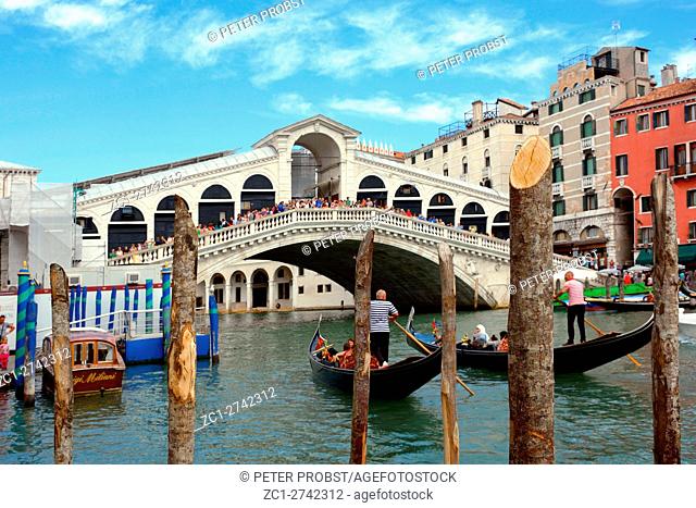 Venice, Veneto, Italy - September 5, 2016: Rialto Bridge at the Grand Canal of Venice in Italy - Caution: For the editorial use only