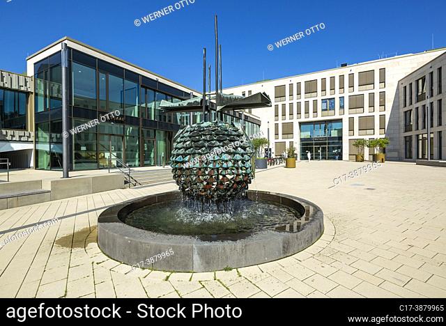 Ratingen, Germany, Ratingen, Bergisches Land, Rhineland, North Rhine-Westphalia, NRW, city hall with forecourt and fountain sculpture by Friedel Lepper