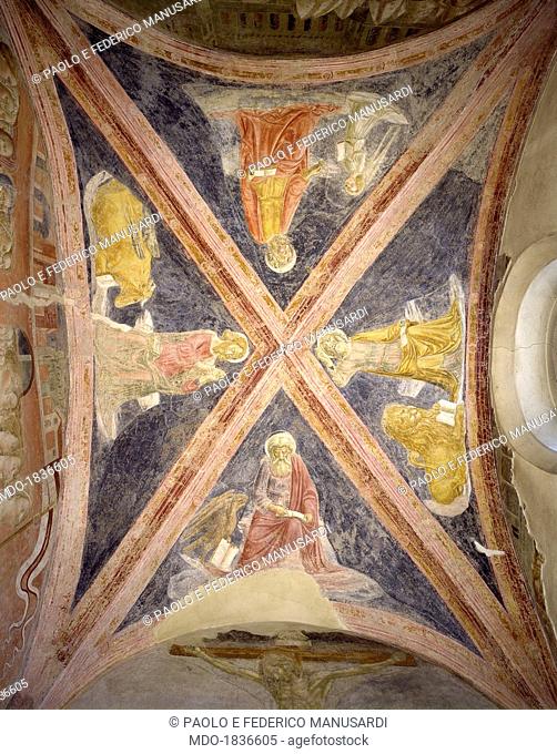 The Four Evangelists, by Lorenzo di Pietro known as Il Vecchietta, 15th Century, fresco. Italy, Castiglione Olona, Branda Castiglioni Palace. Detail