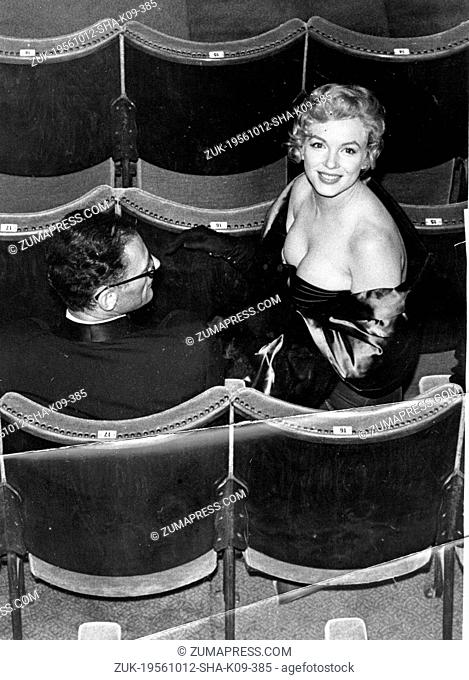 Oct. 12, 1956 - London, England, U.K. - Actress MARILYN MONROE with husband playwright ARTHUR MILLER attend Arthur's play, 'A View from the Bridge