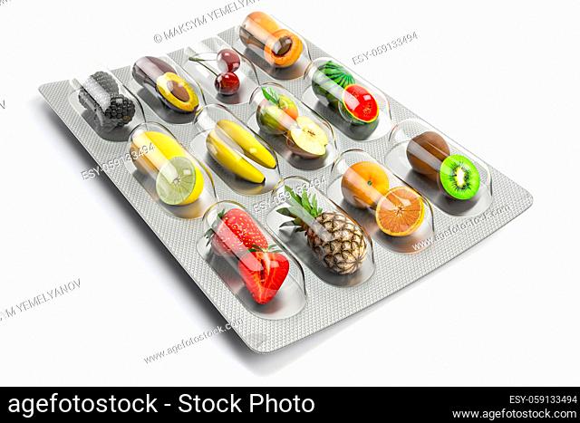 Multivitamins and dietary natural supplements for a healthy diet. Fruits in pills on blister pack. 3d illustration