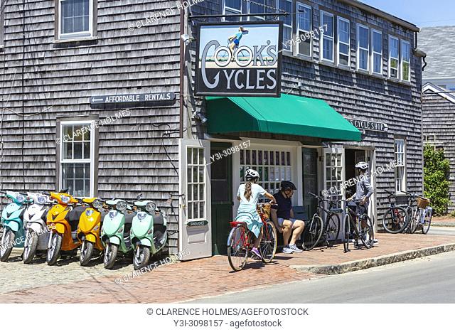 Cook's Cycles, one of a number of shops offering rental bikes and scooters for tourists in Nantucket, Massachusetts