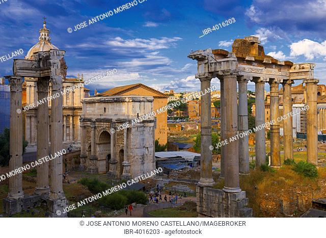 Temple of Vespasian and Titus, Septimius Severus Arch, Temple of Saturn, Roman Forum, Rome, Lazio, Italy