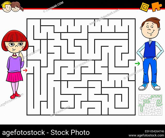 Cartoon Illustration of Education Maze or Labyrinth Activity Game for Children with Girl and Boy