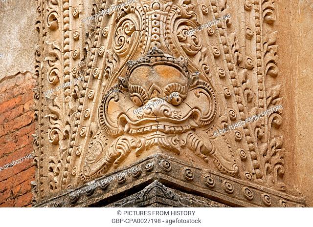 Burma / Myanmar: Corner plaster demon decoration at the Htilominlo Temple, Bagan (Pagan) Ancient City