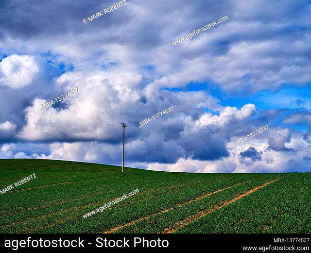 Arable land, field, agriculture, arable land, hills, expanse, clouds, power line, group of trees, Wittelsbacher Land, spring, flight of clouds