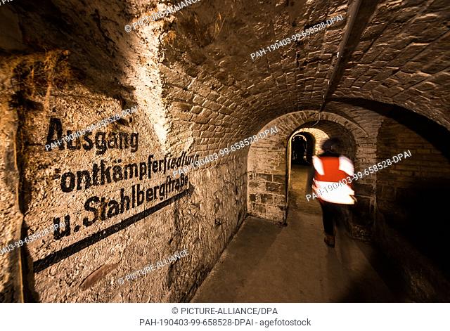 17 March 2019, Rhineland-Palatinate, Mainz: The inscription ""Exit Frontkämpfersiedlung Stahlbergstraße"" testifies to the use of the historic vaults as bunkers...