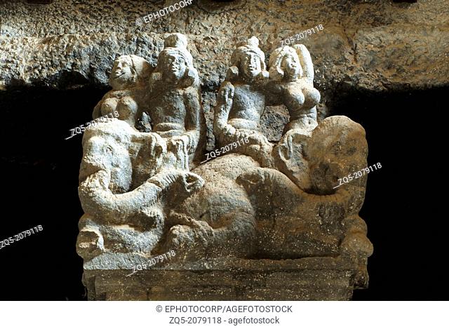Couple riding elephant on one of the pillar in chaitya hall. Circa 2nd. Century A.D. Karla Caves, Dist Pune, Maharashtra, India