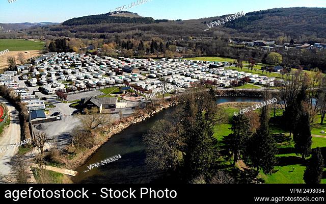 Illustration shows an aerial view by drone, of a camping along the Ourthe river, in the city of Durbuy, Wednesday 01 April 2020.