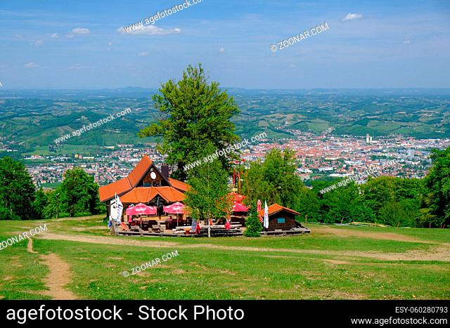 Maribor, Slovenia - 02 May 2019: Mountain hut Luka on the ski slopes of Pohorje with Maribor offers rest and refreshments to hikers and skiers while offering a...