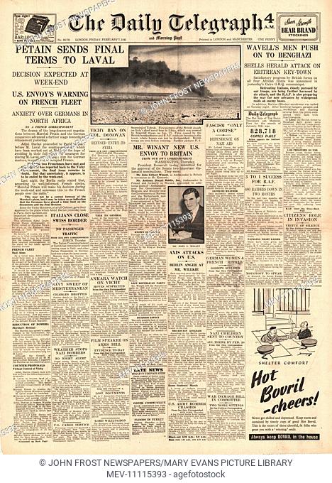 1941 front page Daily Telegraph Petain negotiates with Laval and British Forces advance on Benghazi