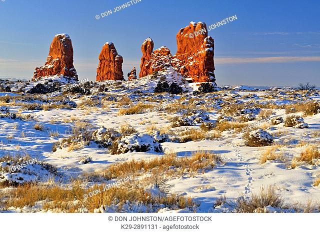 Sandstone spires in winter, Arches National Park, Utah, USA
