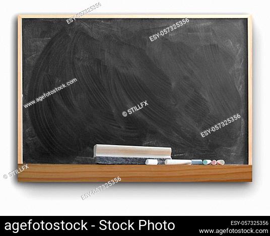 Blackboard, duster and chalk together on plain background