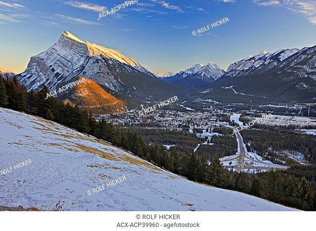 Town of Banff viewed from Norquay Meadow along Mount Norquay Road during winter after snow fall with Mount Rundle Rundle 2949 metres/9675 feet Canadian Rocky...
