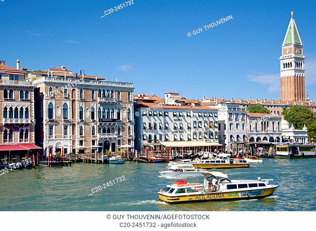 Canal Grande at San Marco, with boats and Campanile in the background, Venice, Venetia, Italy