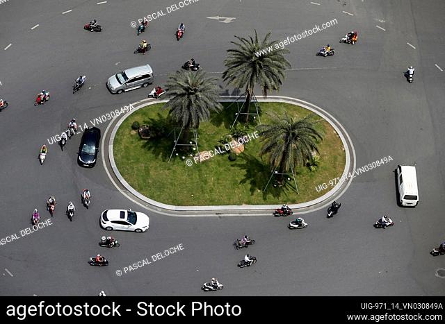 High angle view of cars and motorbikes on the street. Hue. Vietnam