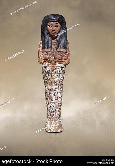 Ancient Egyptian shabtis doll, New Kingdom, . Egyptian Museum, Turin. Grey background