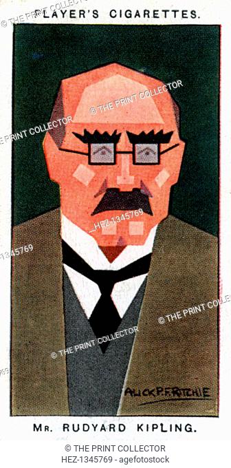 Rudyard Kipling, British writer and poet, 1926. Portrait of Kipling (1865-1936). Cigarette card with straight-line caricature, issued by John Player & Sons