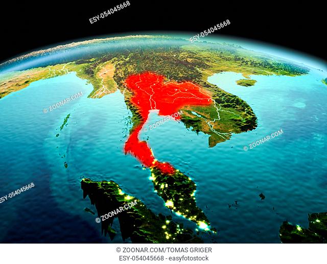 Morning above Thailand highlighted in red on model of planet Earth in space. 3D illustration. Elements of this image furnished by NASA