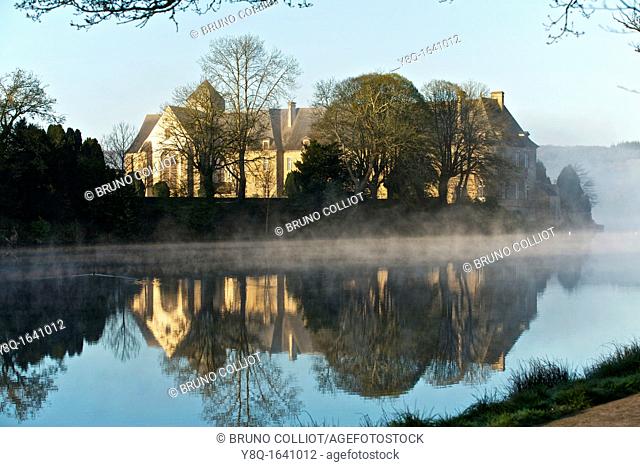 Abbey paimpont and pond. broceliande, Ille et Vilaine, brittany, france.Judicae¨l, d. 658, founded the first prioress of Paimpont in 645