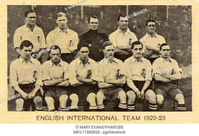 English International football team 1922-1923. Back row: Osborne, Moss, Taylor, Grimsdell, Harrow. Front row: Mercer, Smith, Seed, Wilson, Chambers, Williams