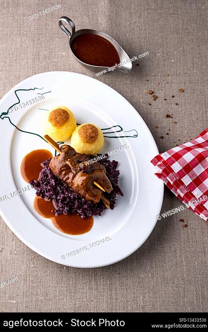 Venison roulades with potato dumplings and red cabbage