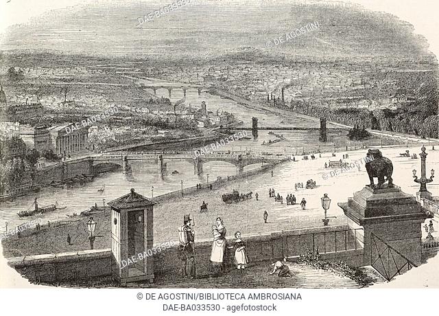View of Paris and the Seine, with the Bourbon palace in the background, France, drawing by Champin, engraving by Best and Lenoir