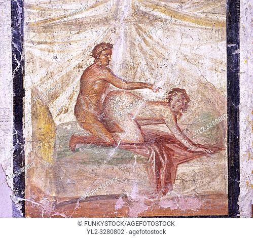 1 cent AD Roman Erotic fresco of a man & woman having sex from a house in Pompeii. Naples Archaological Museum inv no: 27696
