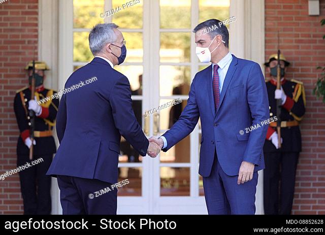 October 8, 2021, Madrid, Madrid, Spain: The President of the Government, Pedro Sánchez, receives NATO Secretary General Jens Stoltenberg (left) at the Moncloa...