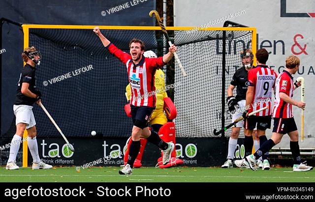 Leopold's Tom Degroote celebrates after scoring during a hockey game between Royal Leopold Club and Royal Racing Club Bruxelles, Sunday 19 November 2023