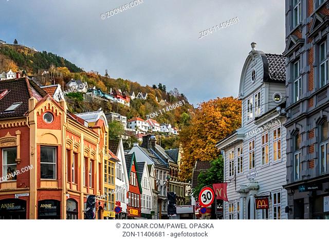 Bergen, Norway - October 2017 : Apartments, residential buildings, shops, cafes and restaurants in the centre of Bergen city in autumn, Norway