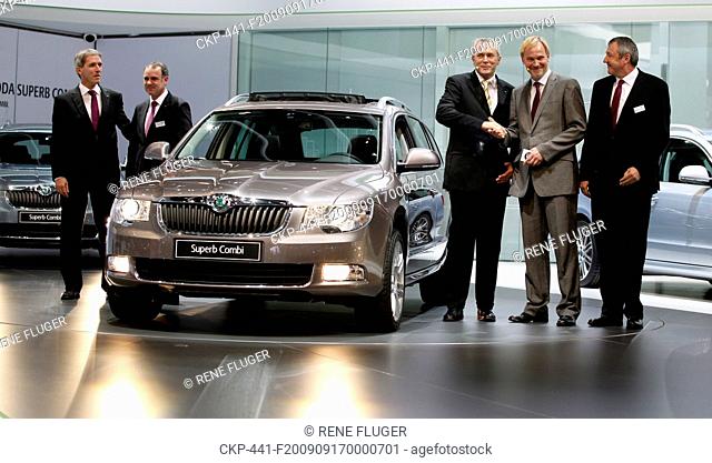 From left to right Skoda Auto board of directors, Holger Kintscher, Reinhard Fleger, Reinhard Jung CEO , Eckhard Scholz and Klaus Dierkes pose with brand new...