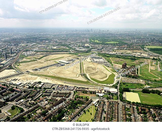 Aerial view of the Olympic Park for the 2012 Olympic Games, Stratford, London. Aerial images taken 22nd of June 2007. A quarter of the derelict site which is...