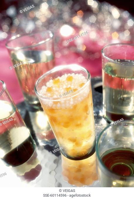 Verrine of salmon roe and tapioca pearls in jelly