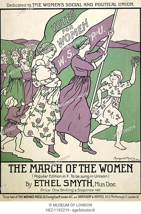 Songsheet of 'The March of the Women', 1911. Songsheet in the suffragette colours of purple, green and white, showing women and children marching with the...