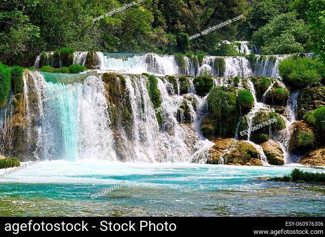 Mountainous beautiful waterfalls formed by the melting of glaciers due to global warming. Beautiful Waterfalls at Krka National Park in Croatia