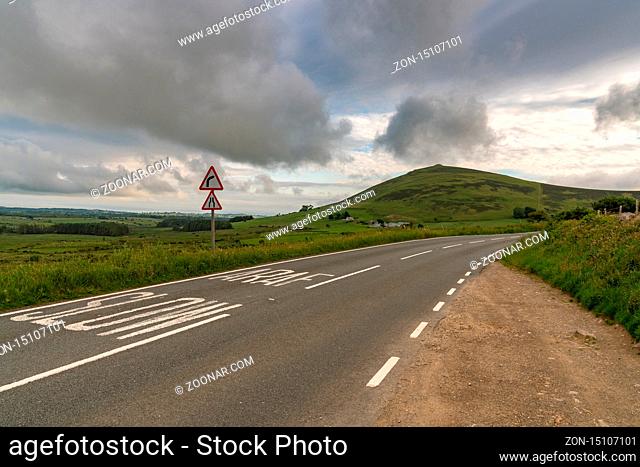 Welsh landscape on the Llyn Peninsula- clouds and the road to Mynydd Carnguwch, near Trefor, Gwynedd, Wales, UK
