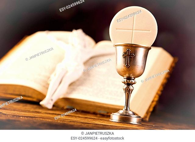 Holy Communion Bread, Wine, bright background, saturated concept