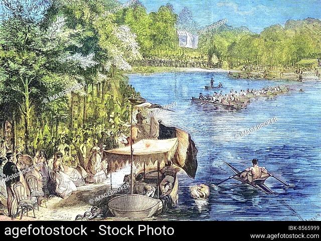 Competition of rowing clubs on the Bois de Boulogne lake in the west of Paris, 1869, France, Historic, digitally restored reproduction of an original 19th...