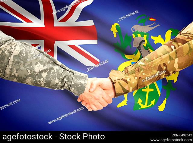 Soldiers shaking hands with flag on background - Pitcairn Island