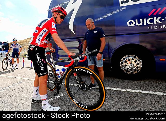 Belgian Remco Evenepoel of Soudal Quick-Step wearing the red jersey for leader in the overall ranking, pictured ahead of th start of stage 5 of the 2023 edition...