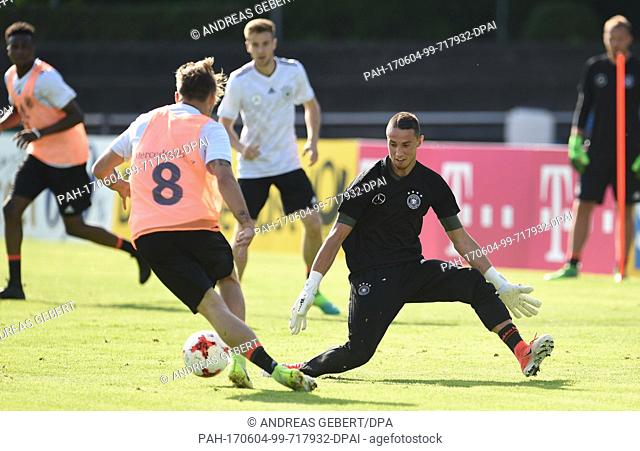 Goalkeeper Odysseas Vlachodimos in action during a training session at the European Championship training camp of the German U21 soccer national team in Grassau