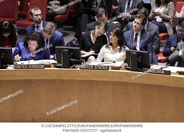 United Nations, New York, USA, May 15, 2018 - Nikki R. Haley, Permanent Representative of the United States to the UN addresses the Security Council meeting on...