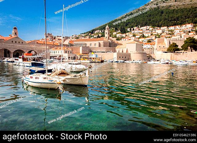 DUBROVNIK, CROATIA - APRIL, 2018: Dubrovnik city old port marina and fortifications