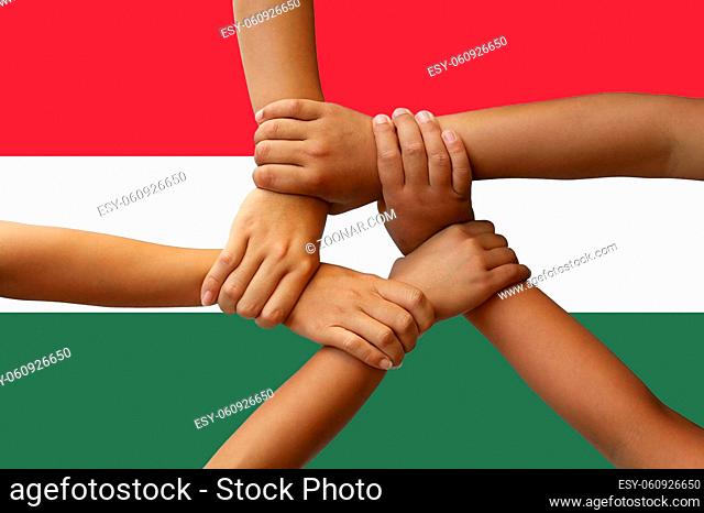 Hungary flag, intergration of a multicultural group of young people