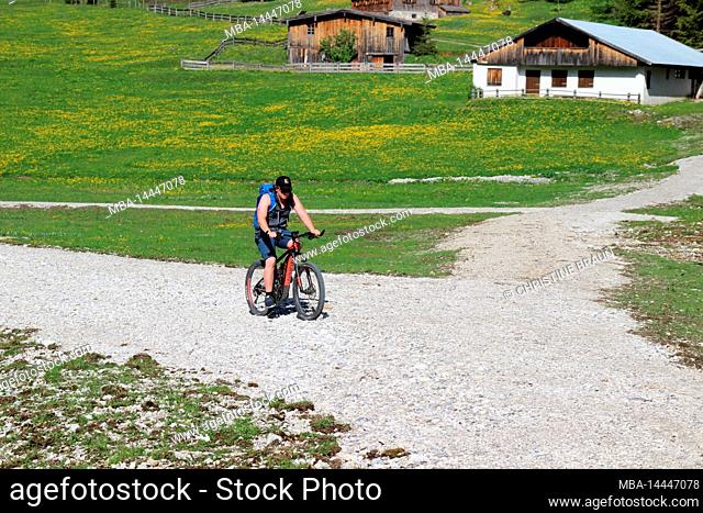 young man, mountain bike rider, mountain biker, e-biker at Angeralm in Karwendeltal, on the way to Karwendelhaus, Scharnitz, Tyrol, Austria