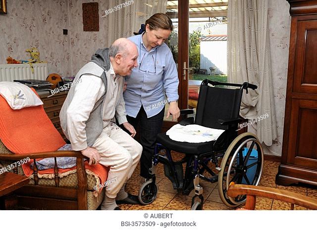 Independent nurse, in Vénissieux, France. Patient care presenting an alteration of mobility motor handicap following a cerebral vascular accident