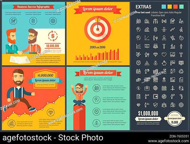 Business infographic template and elements. The template includes illustrations of hipster men and huge awesome set of thin line icons