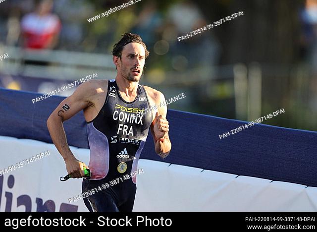 14 August 2022, Bavaria, Munich: European Championships, Triathlon, Relay, Mixed, in the Olympic Park. Dorian Coninx (France) in action
